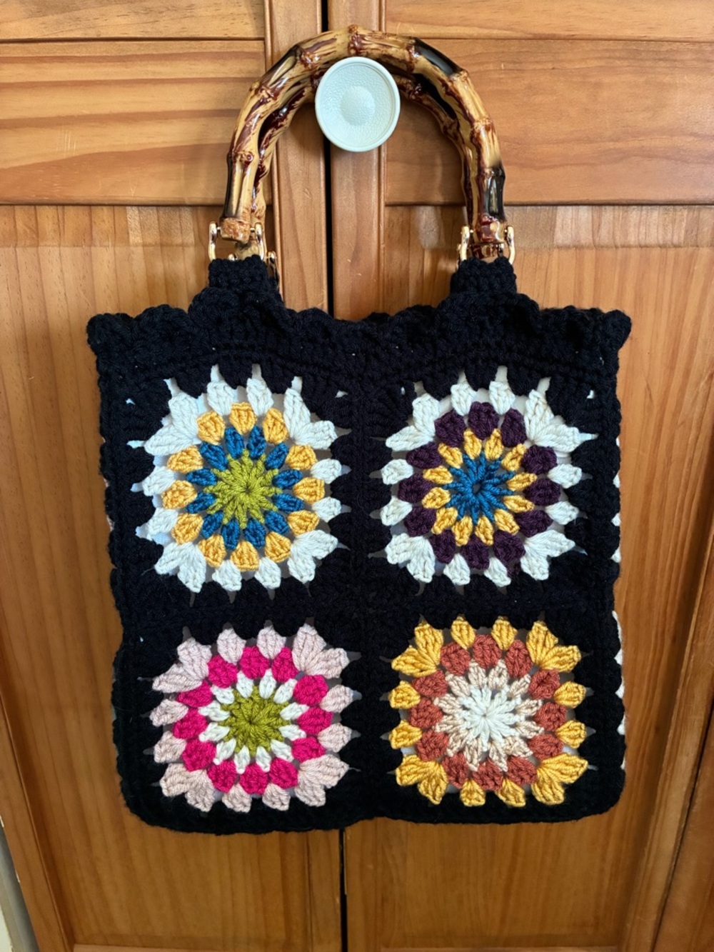 Handmade Black Crochet Tote Bag with Multicolor Floral Squares - Picture 2 of 5